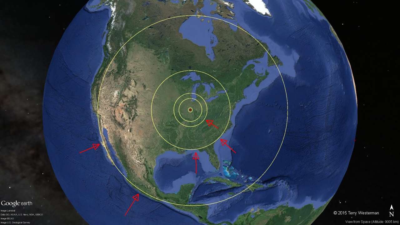 A large impact in North America formed the South and Southeastern coast of the United States, and the Southwestern coasts of Mexico.
